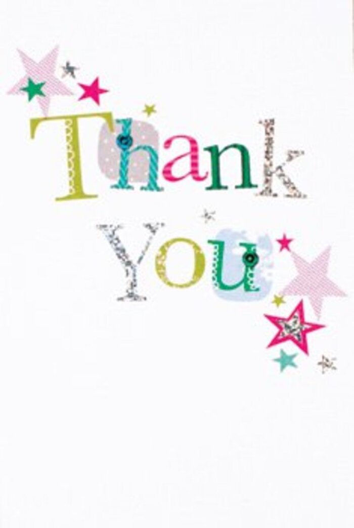 There's a subtle exuberance woven into the lettering of this thank you card-each character seems to celebrate its own uniqueness in a way that brings to mind gatherings in Uxbridge's Green Spaces. Some letters playfully curve and ripple with whimsical dots, while others shine with silvery shimmer, their edges softly catching the light much like sunlight filtering through the trees at Dowding Park. Clustered stars in vivid hues-blushing pinks, sparkling silver, and deep turquoise-collect near the heartfelt message, as if bestowing a gentle blessing on every word of thanks. The design's airy composition allows each colour and detail to stand out crisply against the pure white backdrop, melding modern energy with classic grace. There's a poised sophistication throughout, neither too reserved nor overly exuberant-the sort of balanced cheer that fits every corner of the Uxbridge community, from quiet canalside strolls to lively High Street festivities. I imagine this card chosen with care to accompany a thoughtfully prepared bouquet-its bright textures and joyful ambiance matching the touch of heartfelt appreciation one feels when receiving flowers from a local expert. The entire presentation echoes the special warmth and uplifting spirit that make Uxbridge's acts of kindness truly memorable.