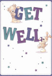 A wave of cheerful colour and gentle optimism flows from this get well card, much like the vibrant bouquets carefully arranged at Uxbridge Flowers for local delivery. At the heart of the scene, two endearing companions-a cuddly teddy bear and a spirited puppy-joyfully balance atop and beside oversized, lively letters forming the heartfelt message 'Get Well.' The rich indigos and teals of the text evoke the vibrant hues you might see in fresh spring arrangements at the Swan & Bottle corner. Soft, tactile fur lines the bear and puppy, seeming almost real enough for a comforting squeeze, and the subtle gleam in their eyes speaks of kindness and hope. Playful stars in varying blues and purples twinkle around them, reminiscent of quiet evenings by Uxbridge Common where dreams feel just within reach. The simple cream background illuminates their playful forms, exuding both warmth and clarity so essential for moments when words alone aren't enough. As a florist devoted to the Uxbridge community, I see in this card the same nurturing intent that inspires each bespoke bouquet-a promise of care, resilience, and heartfelt encouragement, perfectly tailored to give comfort whenever it's needed most.